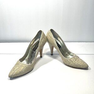 DONNA KARAN Beige Woven Linen Heels US Size 7-1/2B Classic Styling